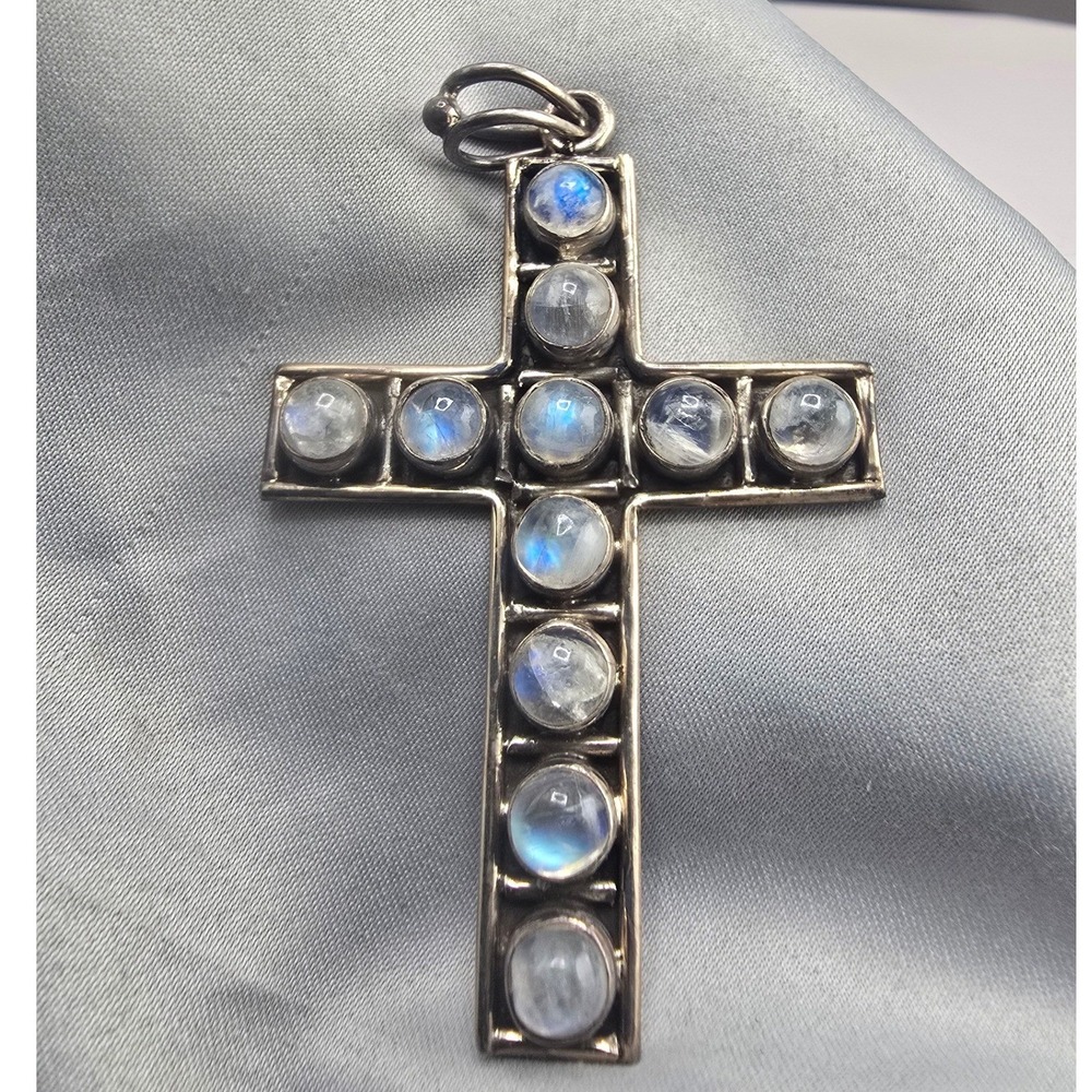 Vintage Estate Sterling Silver Cross Pendant Silver Blue White Stone 2.25in